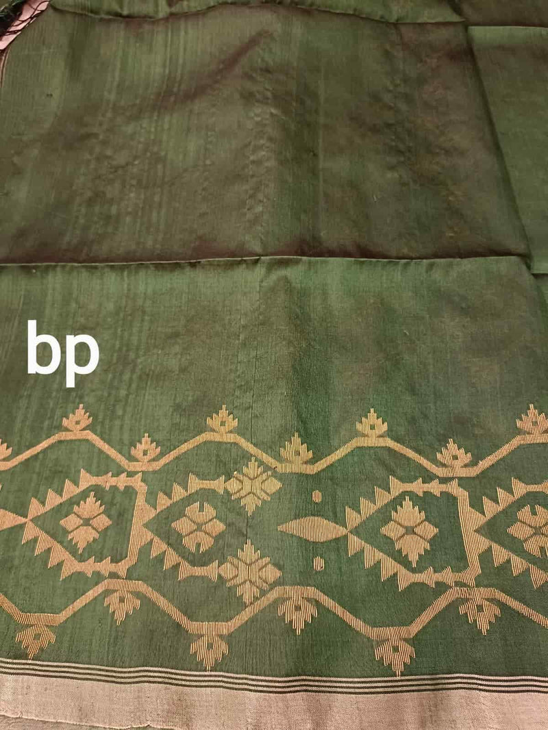 Bottle Green & Beige, fine & intricate Jamdani weave Katan Silk saree Balaram Saha