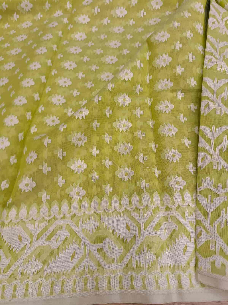 Fresh Green & White, soft handloom cotton/Resham dhakai saree Balaram Saha