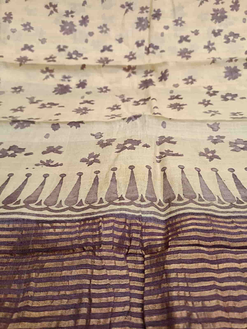 Cream & Lilac Tussar Silk Handblock Floral Print Saree Balaram Saha