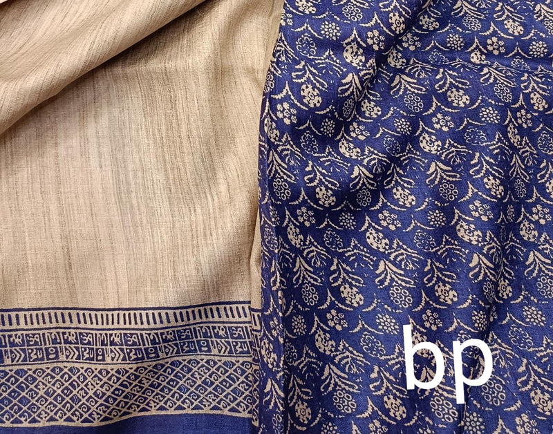 Natural shade pure Tussar Silk & Blue script print saree Balaram Saha