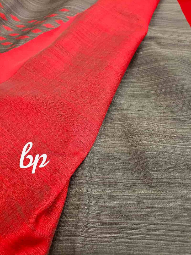 Charcoal Grey & Red Matka silk handwoven saree Balaram Saha