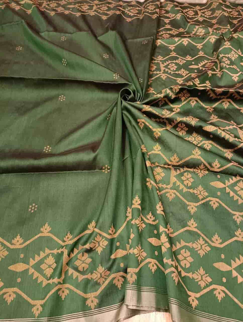 Bottle Green & Beige, fine & intricate Jamdani weave Katan Silk saree Balaram Saha