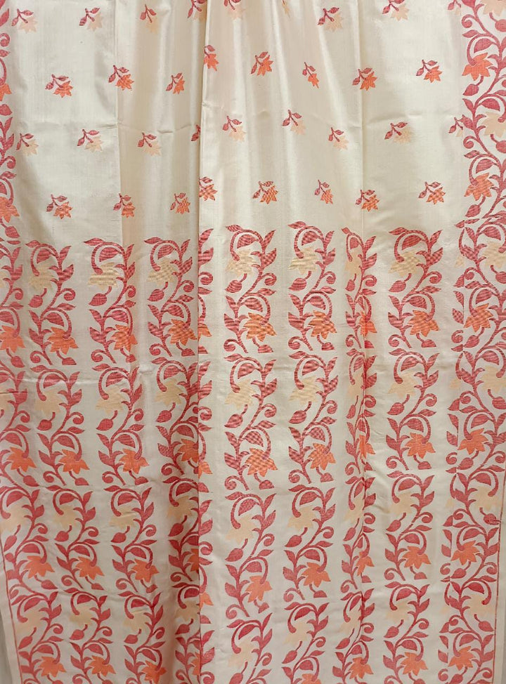 Off White & Red/Orange, Katan Silk Jamdani saree with floral weave on border & Aanchal. Floral motifs woven all over the body.  Blouse Piece included.