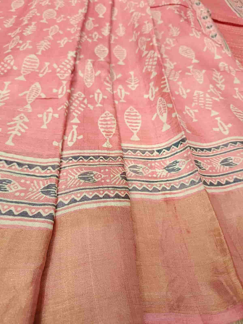 Pink Tussar Silk Handblock Print With Fish Motifs All Over The Body Balaram Saha