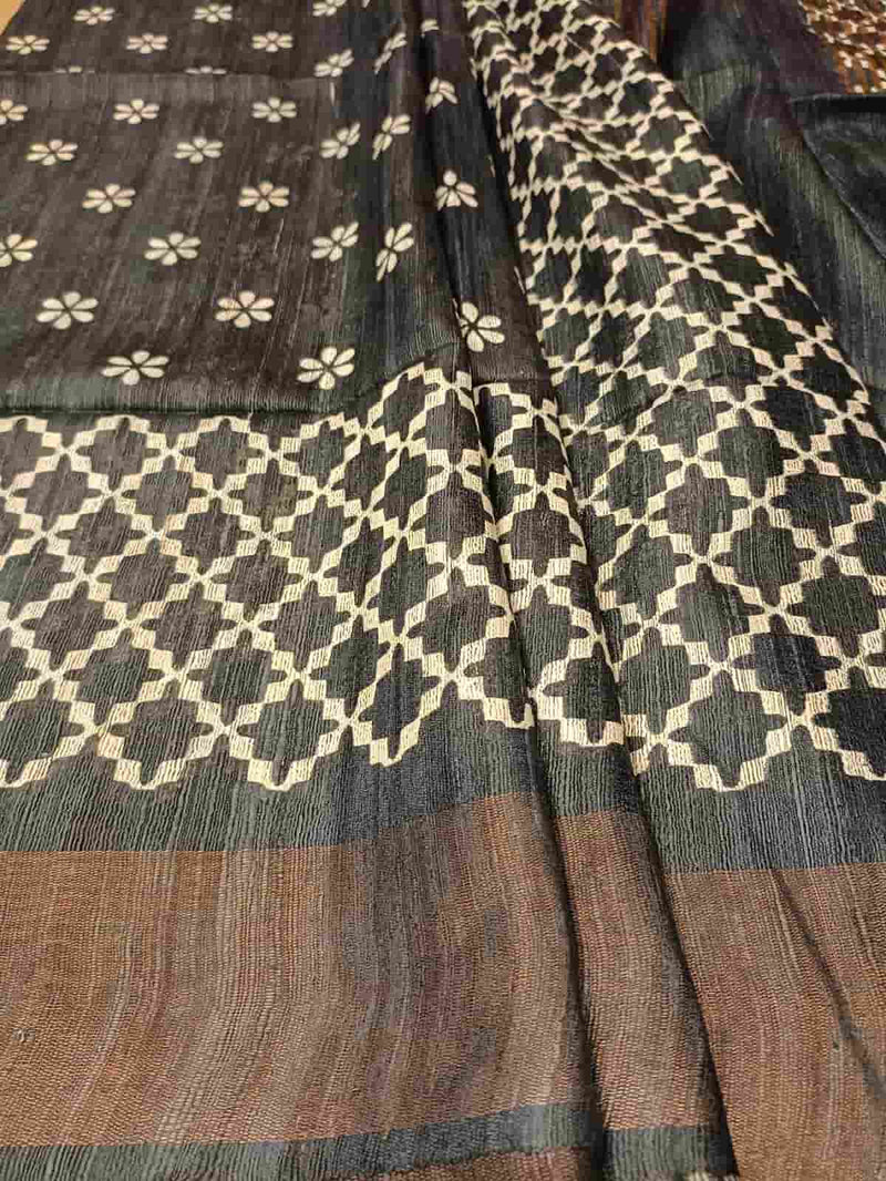 Charcoal Black Tussar Silk Saree with Handblock Print Balaram Saha
