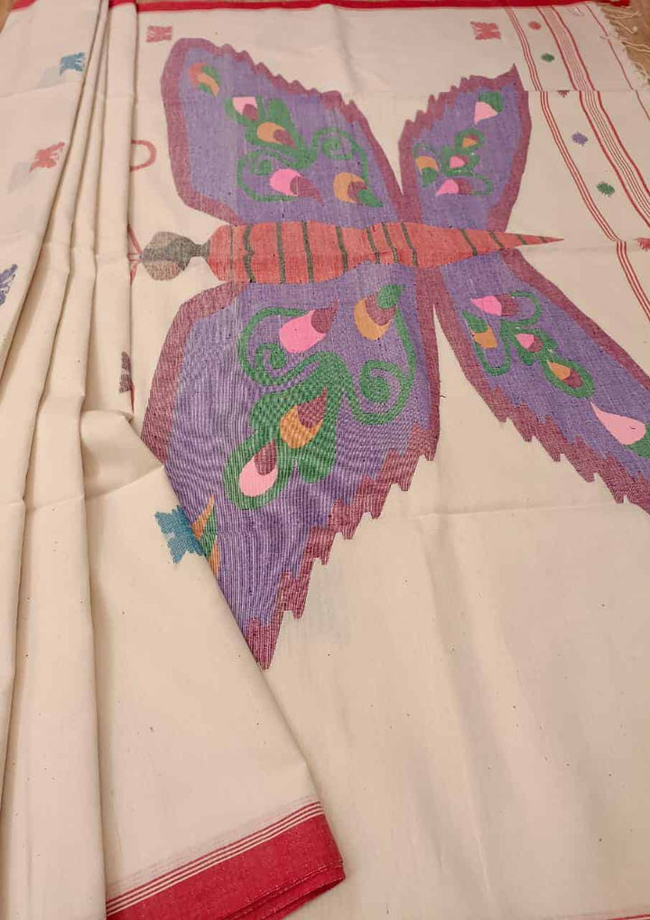Handspun & Handwoven soft cotton, White & Red Jamdani saree Balaram Saha
