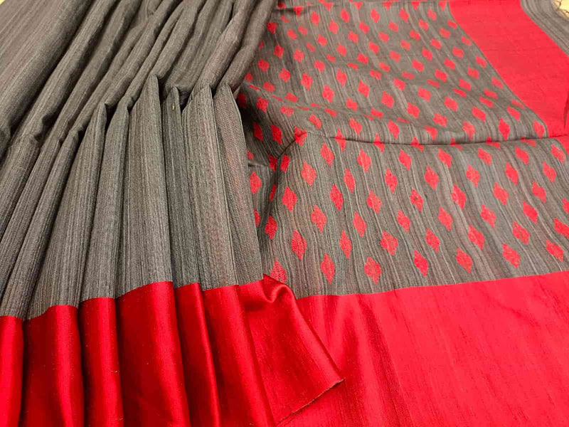 Charcoal Grey & Red Matka silk handwoven saree Balaram Saha