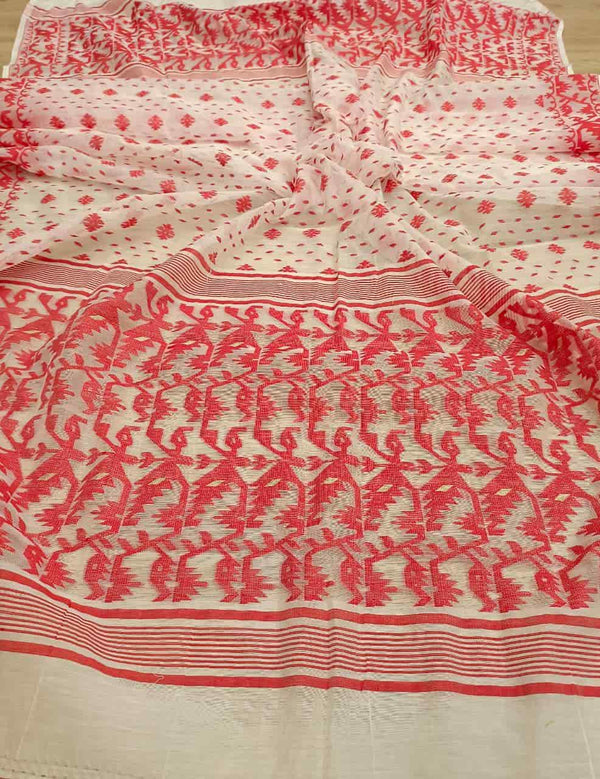 White & Red traditional Jacquard weave Dhakai Dupatta Balaram Saha