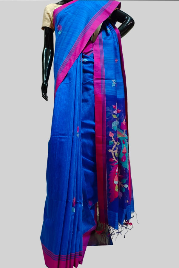 Blue & Pink Handloom Matka Silk Jamdani Saree Balaram Saha