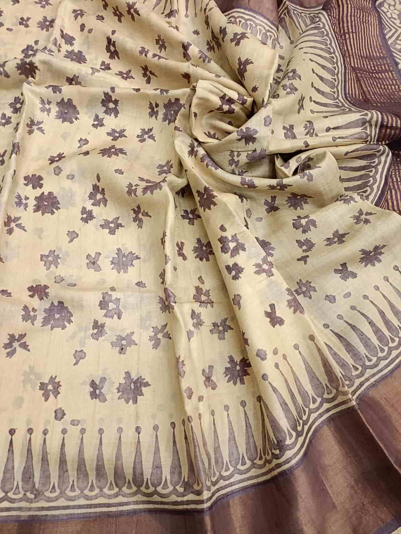 Cream & Lilac Tussar Silk Handblock Floral Print Saree Balaram Saha