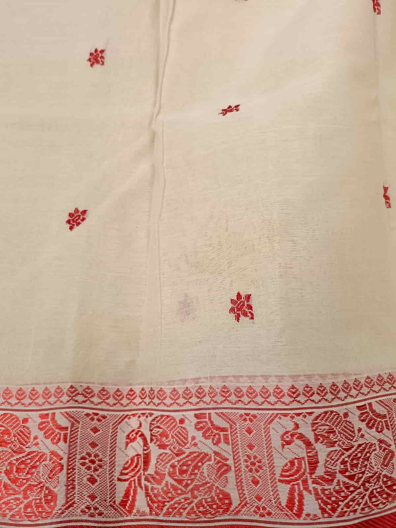 Off White & Red, traditional cotton Jacquard weave saree Balaram Saha