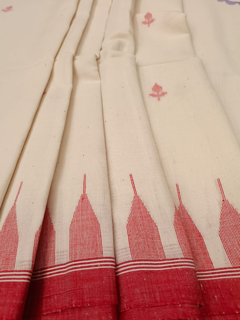 White & Red, Handspun & Handwoven soft Cotton Jamdani saree Balaram Saha