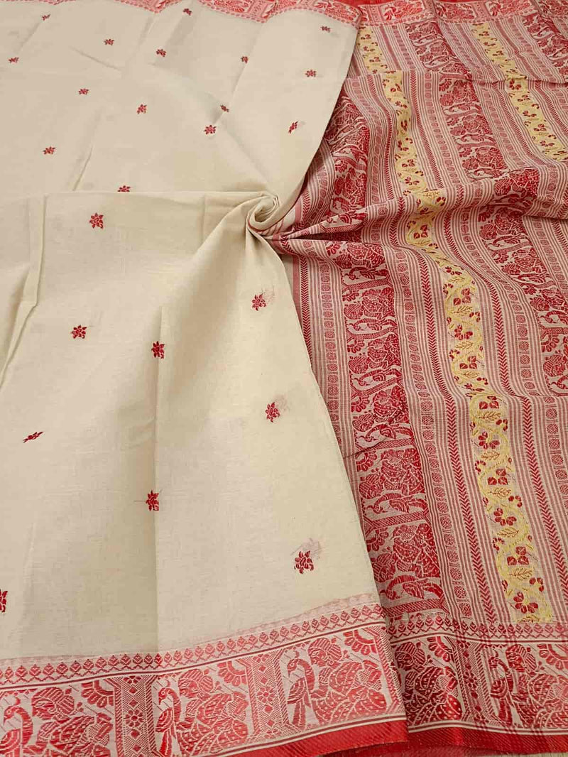 Off White & Red, traditional cotton Jacquard weave saree Balaram Saha