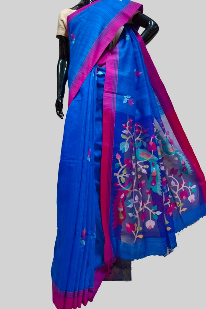 Blue & Pink Handloom Matka Silk Jamdani Saree Balaram Saha