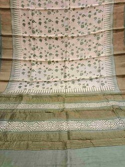 Cream & Green Tussar Silk Handblock Floral Print Saree Balaram Saha