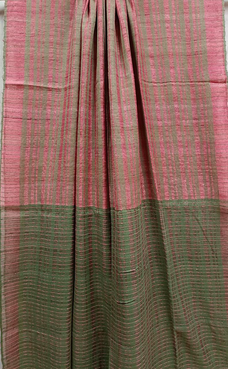 Old Rose Pink & Pista Green Tussar Silk Saree Balaram Saha