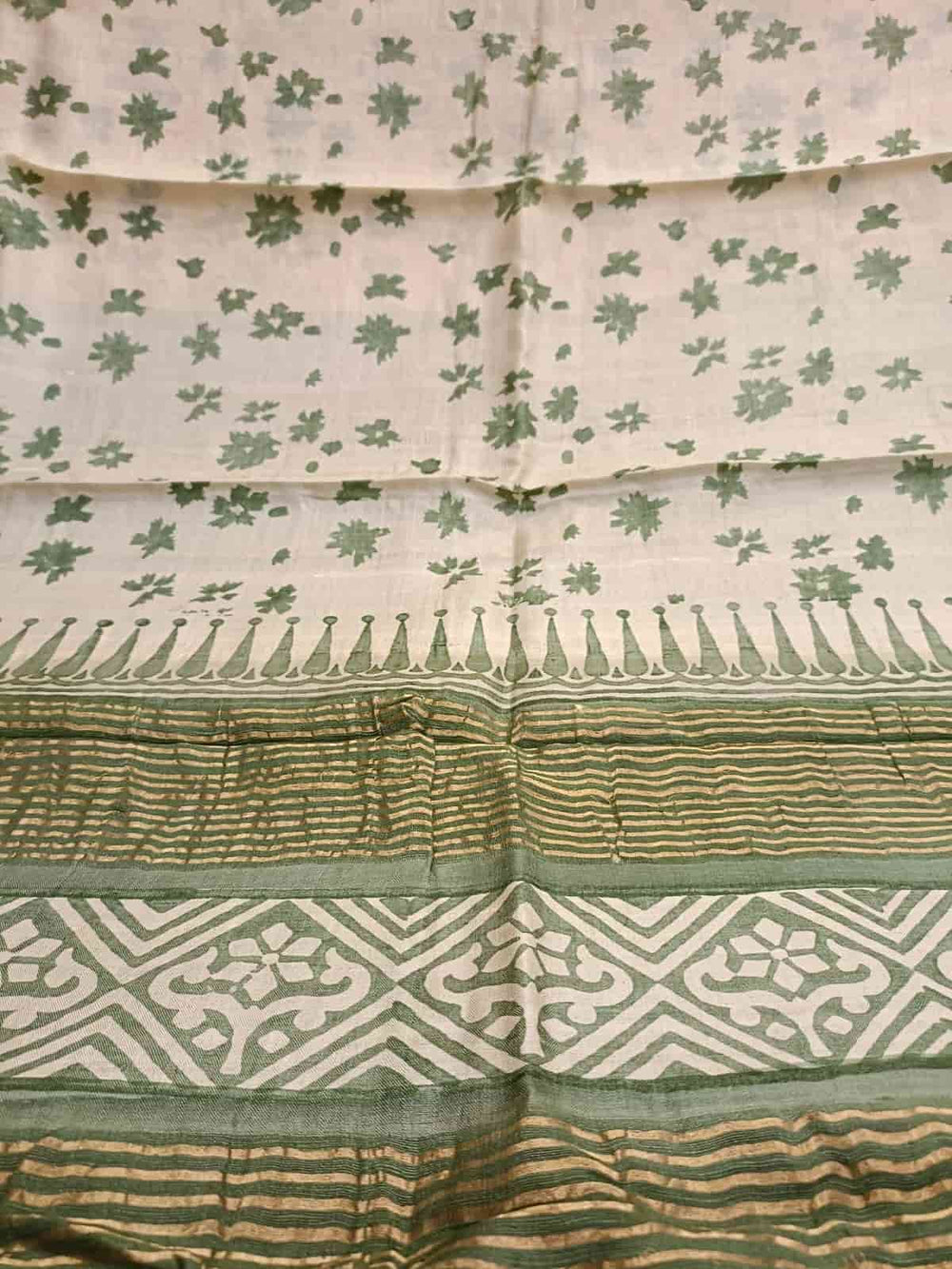 Cream & Green Tussar Silk Handblock Floral Print Saree Balaram Saha