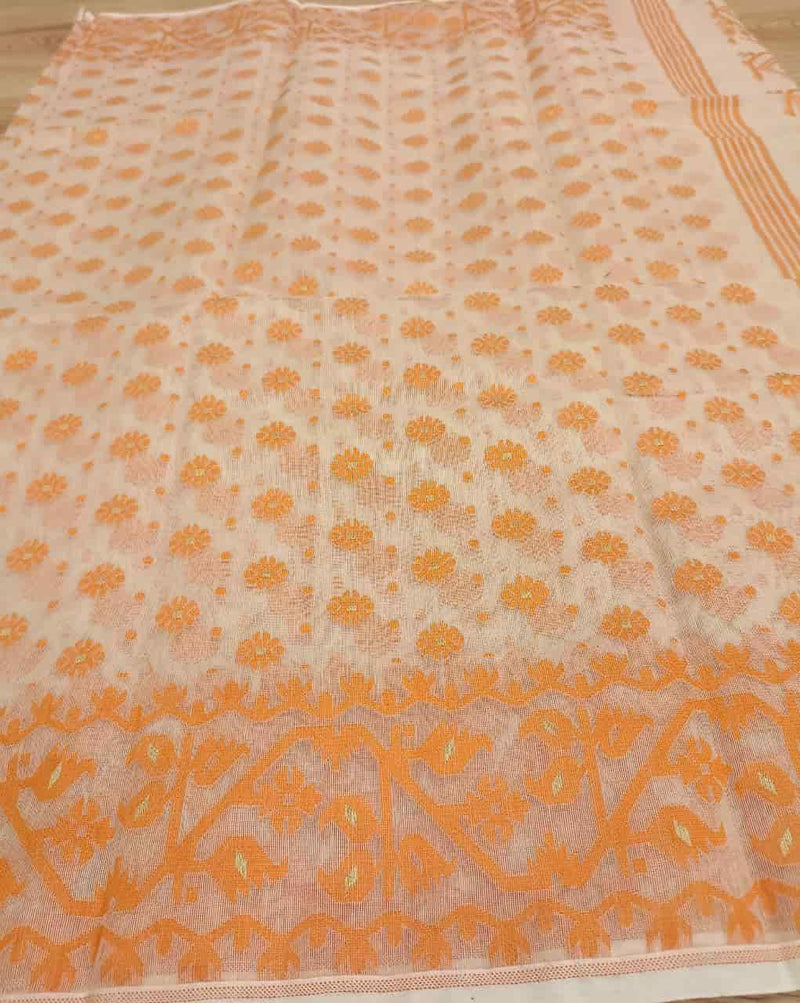 White & Orange, soft handloom cotton/Resham dhakai saree Balaram Saha