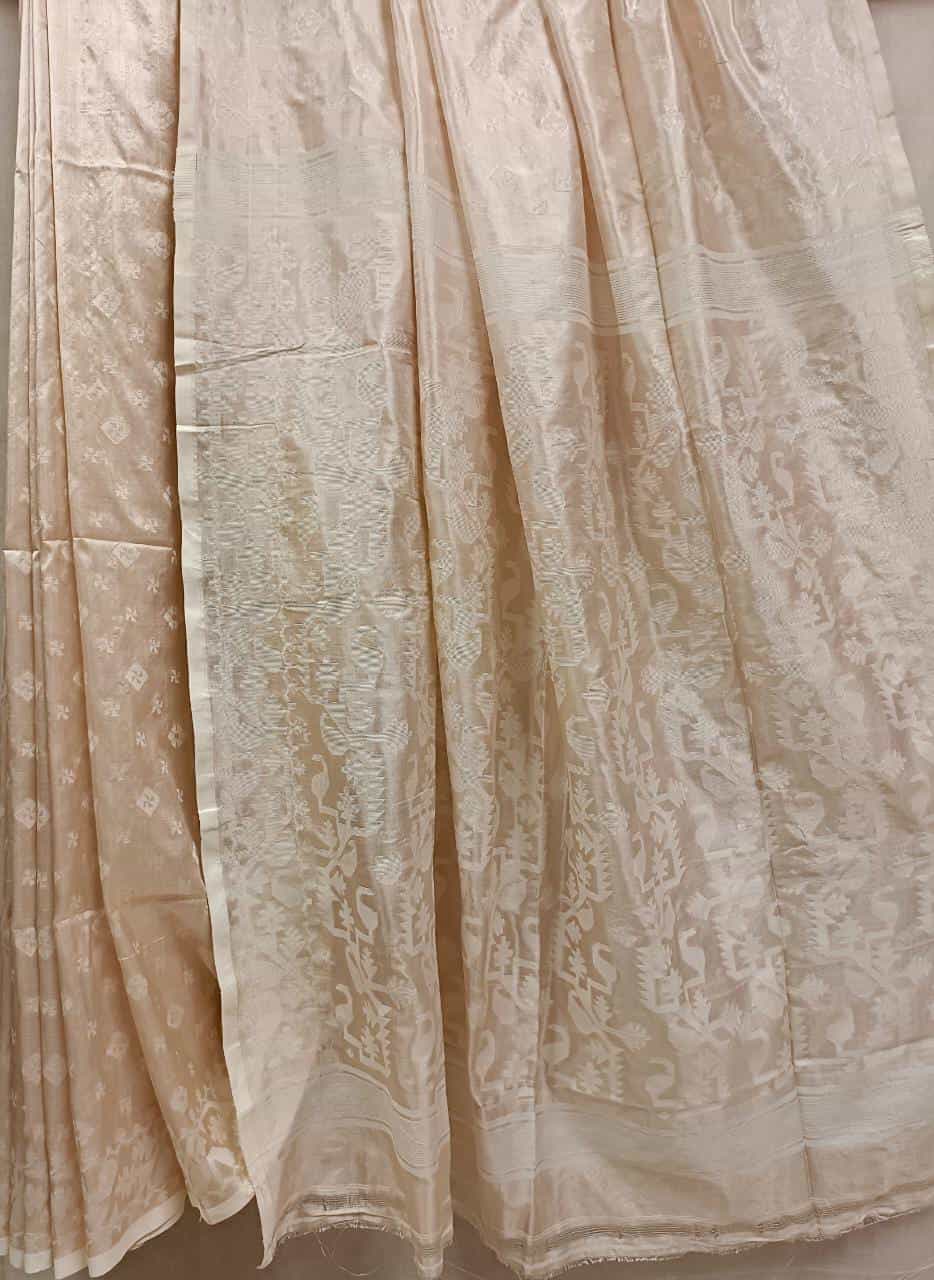 Cream and White Katan silk saree Balaram Saha