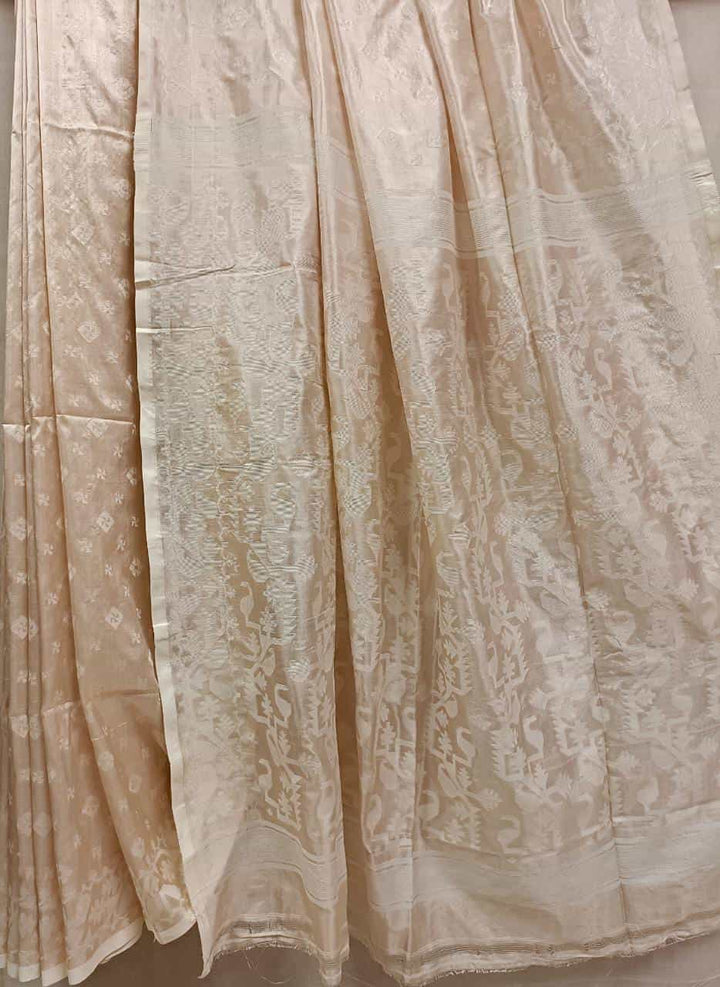 Cream and White Katan silk saree Balaram Saha