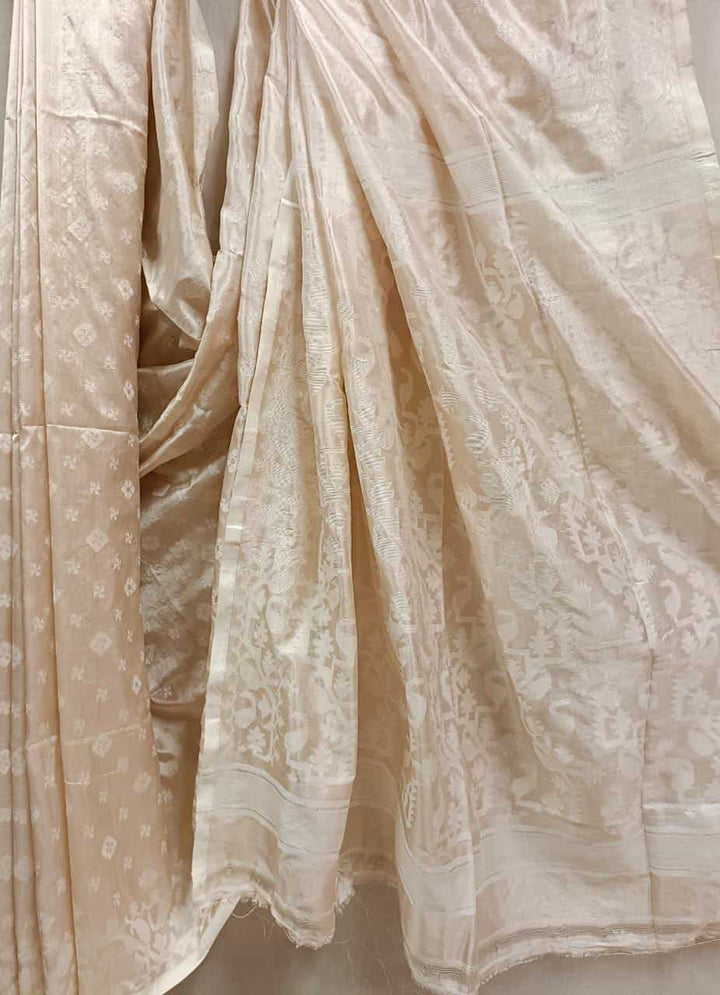 Cream and White Katan silk saree Balaram Saha