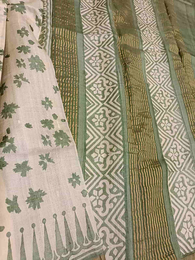 Cream & Green Tussar Silk Handblock Floral Print Saree Balaram Saha