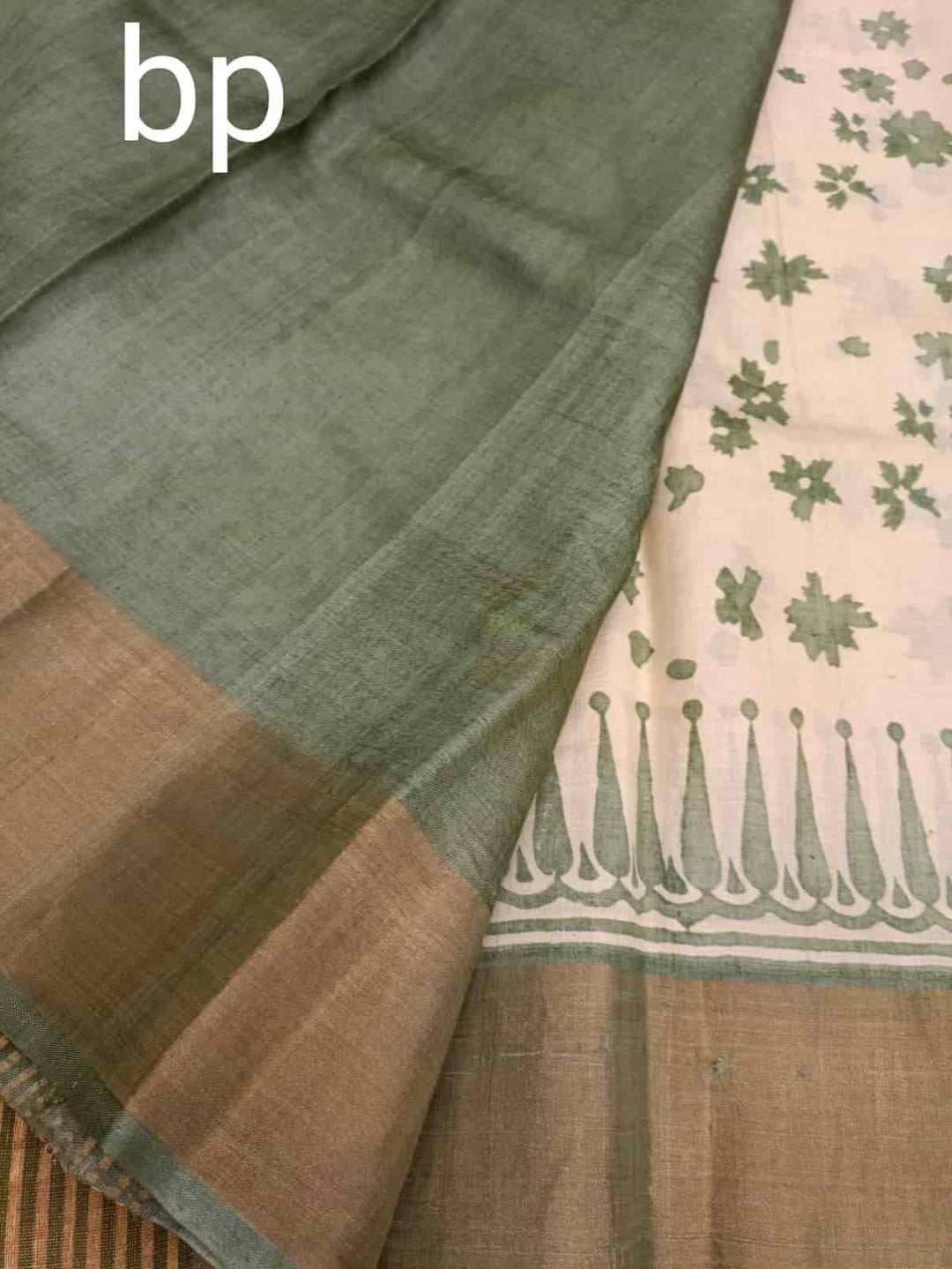 Cream & Green Tussar Silk Handblock Floral Print Saree Balaram Saha