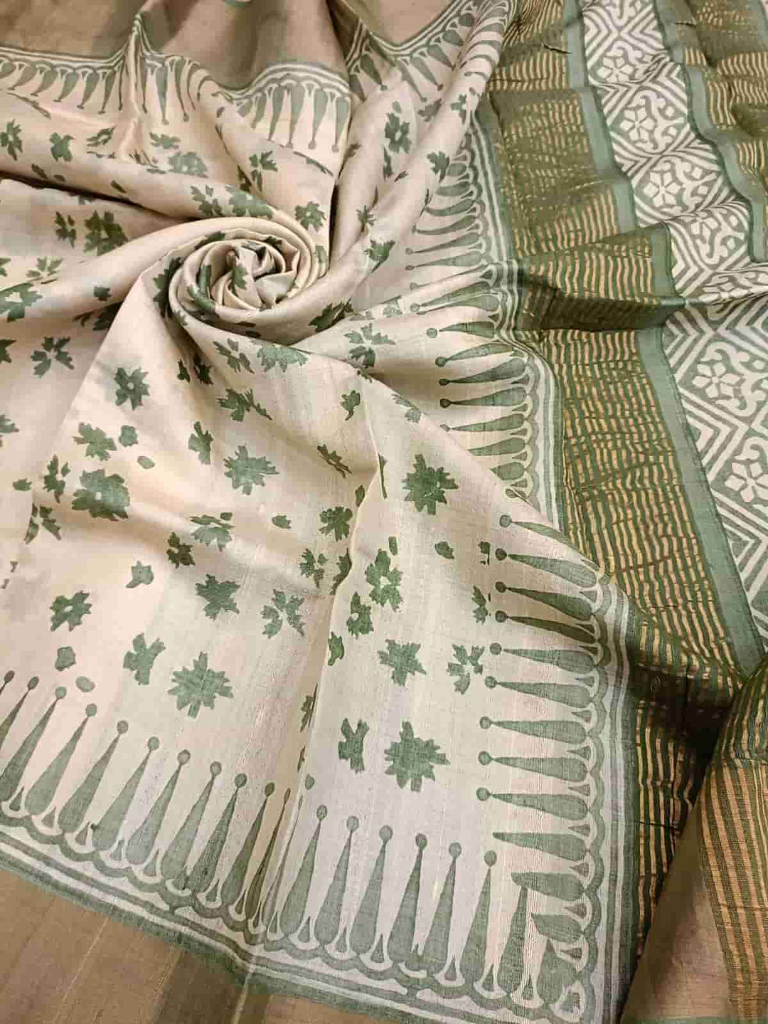 Cream & Green Tussar Silk Handblock Floral Print Saree Balaram Saha