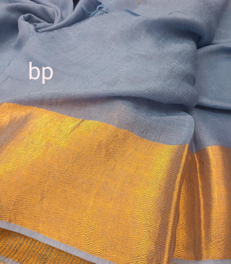 Blue & Gold handloom Linen saree Balaram Saha