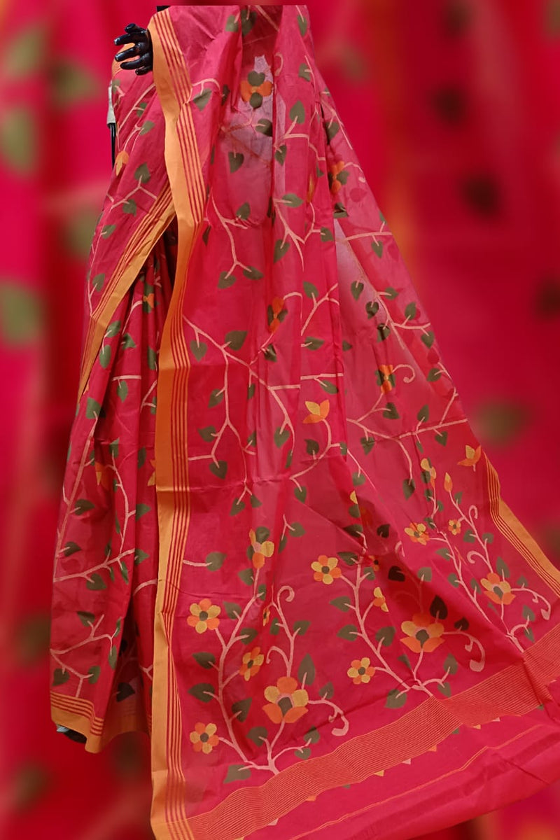 Red Handloom hand woven jamdani saree Balaram Saha