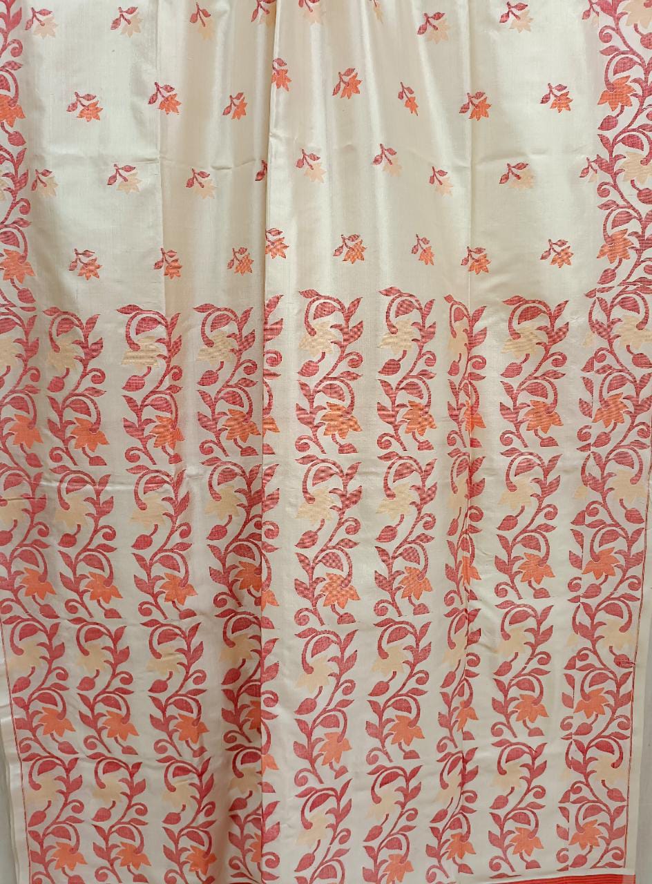 Off White & Red/Orange, Katan Silk Jamdani saree with floral weave on border & Aanchal. Floral motifs woven all over the body.  Blouse Piece included.