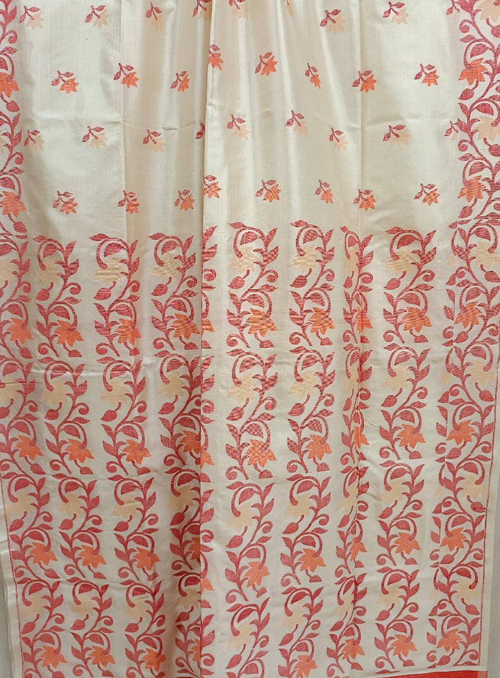 Off White & Red/Orange, Katan Silk Jamdani saree with floral weave on border & Aanchal. Floral motifs woven all over the body.  Blouse Piece included.