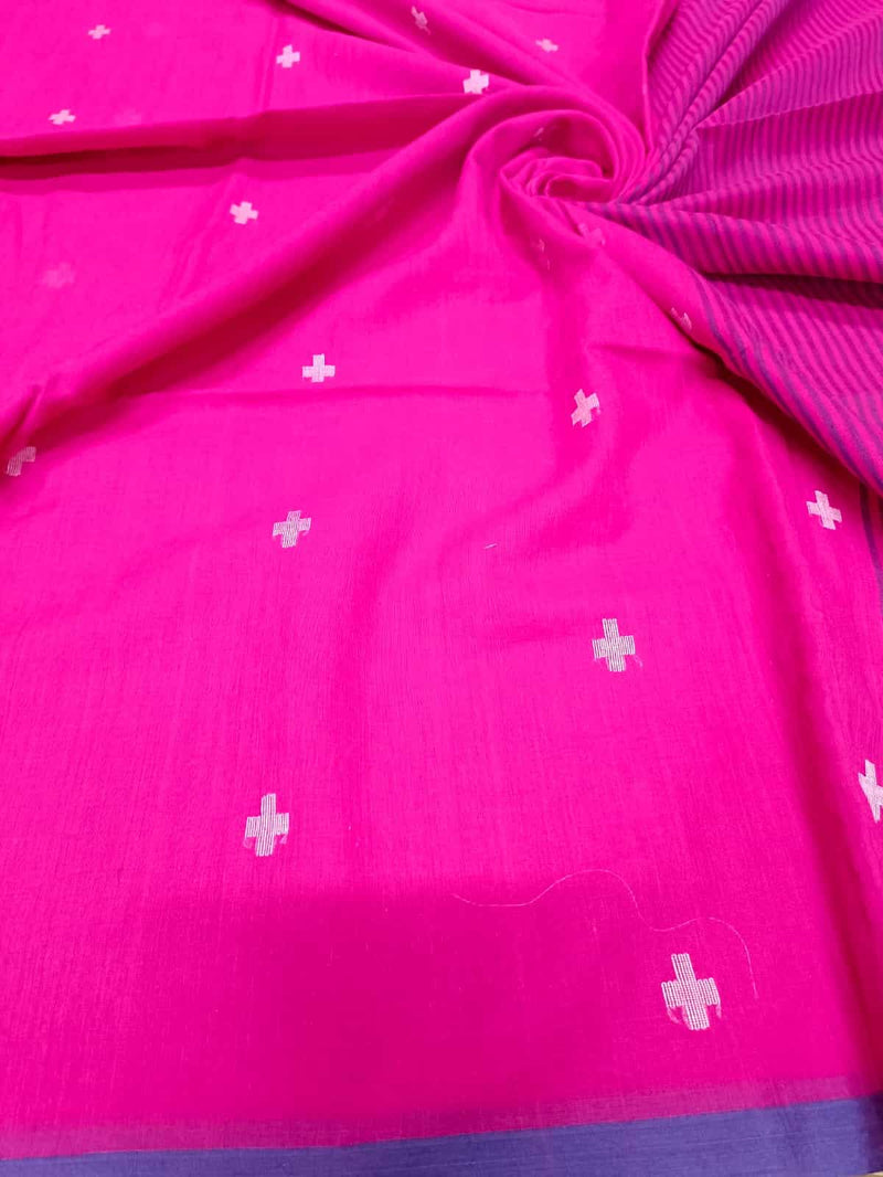 Deep Pink  Handloom Super Soft Cotton Saree With White Border  and  Dhakai woven Bootis on Body and Stripes Aanchal, No Blouse