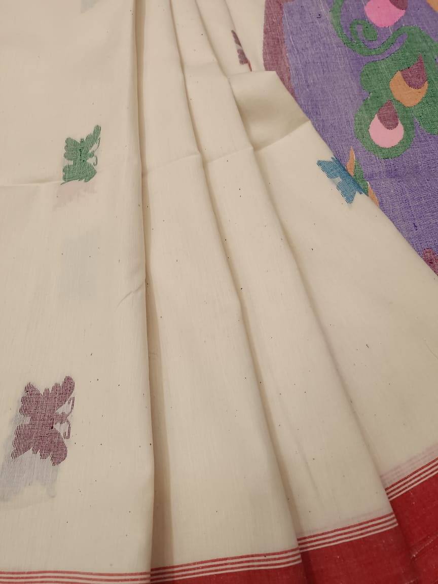 Handspun & Handwoven soft cotton, White & Red Jamdani saree Balaram Saha