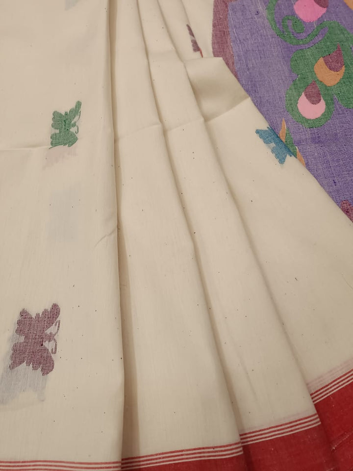 Handspun & Handwoven soft cotton, White & Red Jamdani saree Balaram Saha