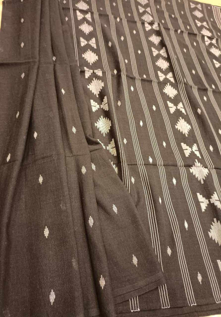 Black & White, handspun, handwoven soft Cotton Jamdani saree Balaram Saha