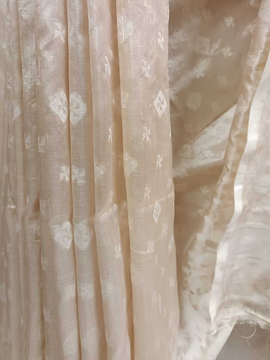 Cream and White Katan silk saree Balaram Saha