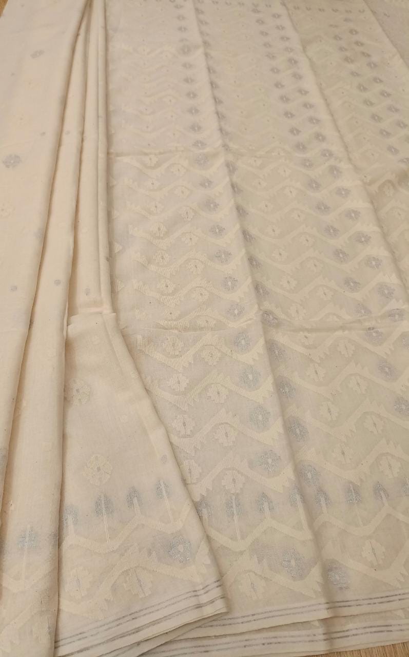 White on White with Silver handspun & handwoven soft cotton Jamdani saree Balaram Saha
