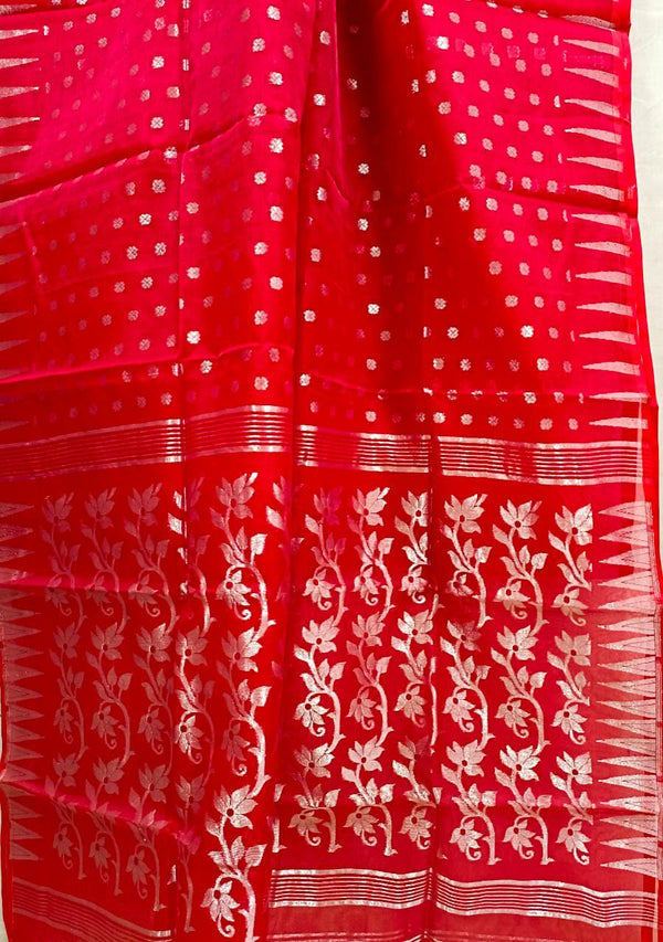 Red with silver Zari Jacquard weave sheer dhakai muslin saree Balaram Saha