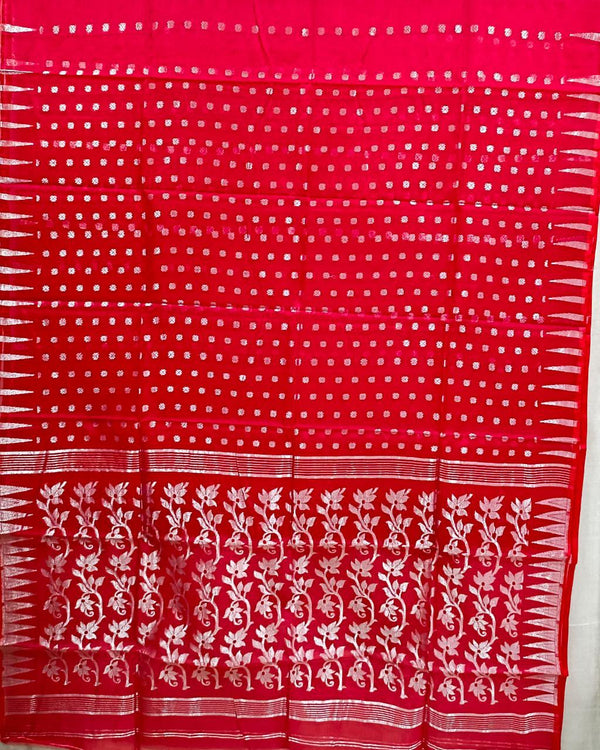 Red with silver Zari Jacquard weave sheer dhakai muslin saree Balaram Saha