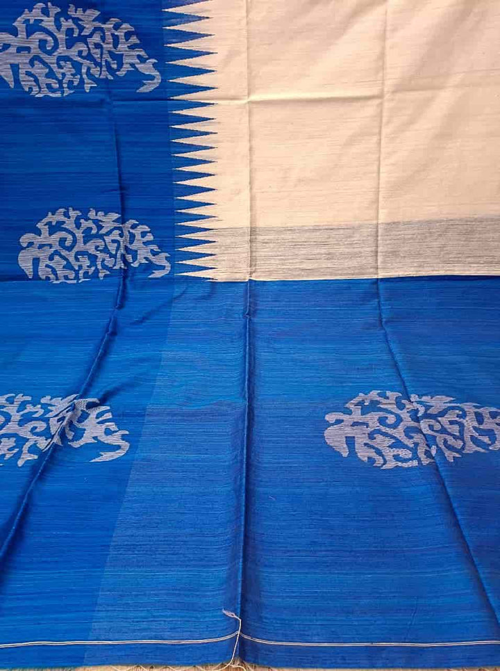 White & Royal Blue Matka silk Jamdani saree Balaram Saha
