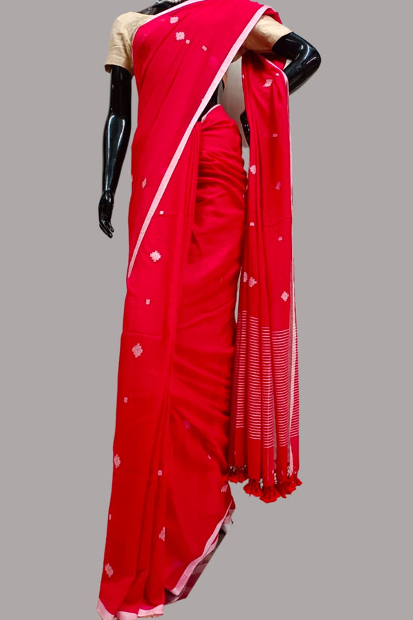 Red Handloom Soft Mul Cotton Dhakai saree Balaram Saha