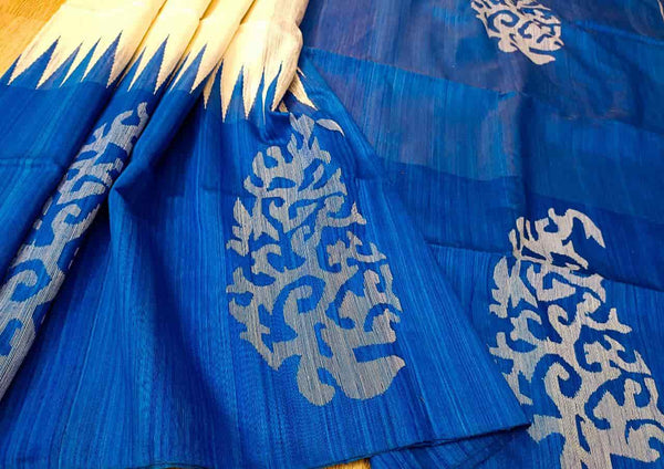 White & Royal Blue Matka silk Jamdani saree Balaram Saha