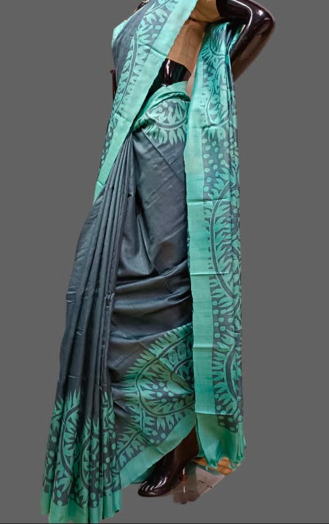 Greyish Blue & Aqua Green Tussar silk paisley print saree Balaram Saha
