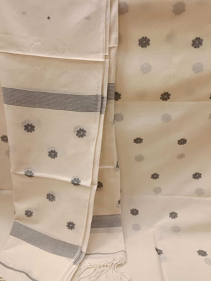 Off White & Black, Handspun, Handwoven soft Cotton, unstitched Jamdani 2piece kurta & dupatta set. Balaram Saha