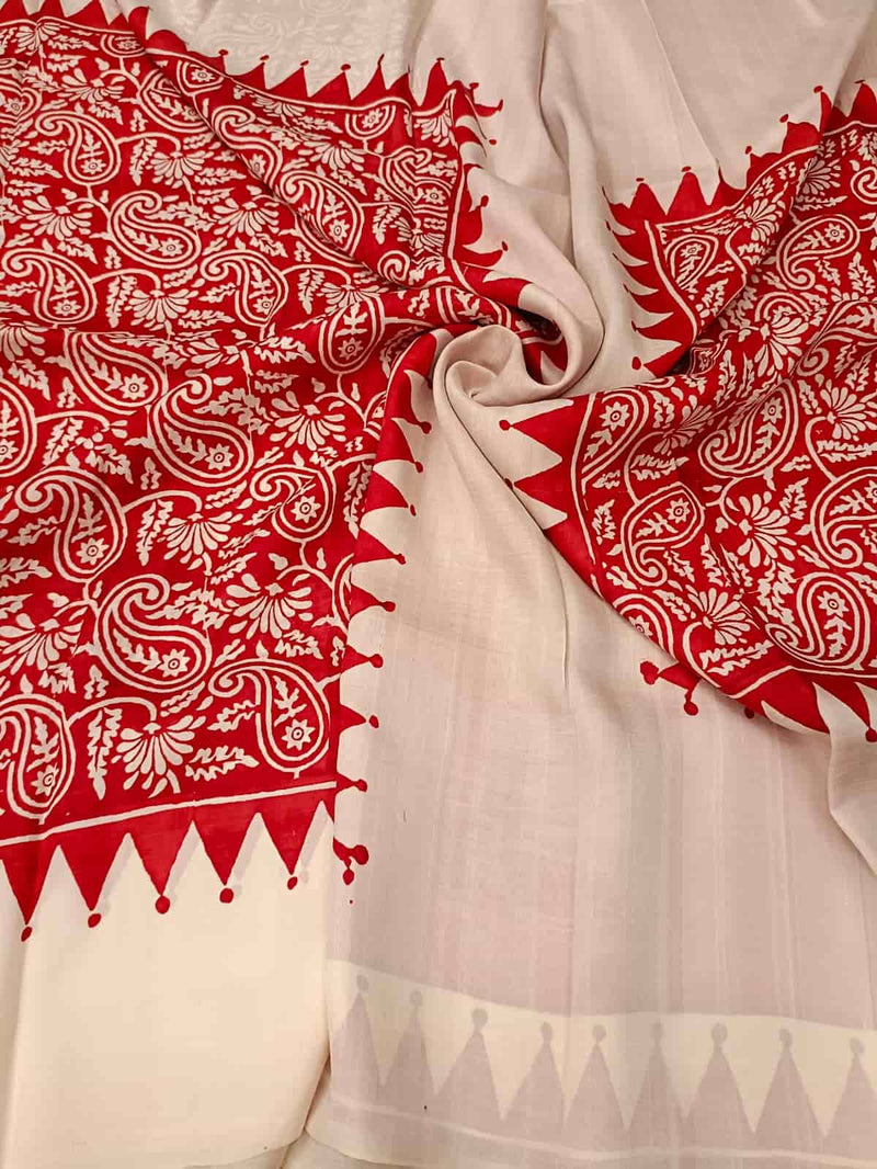 Red & White Pure Bengal Silk Handblock print saree Balaram Saha
