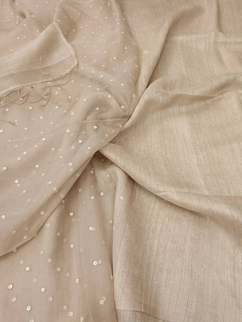 Light Beige Matka Muslin Silk saree with White Sequin Weave Balaram Saha