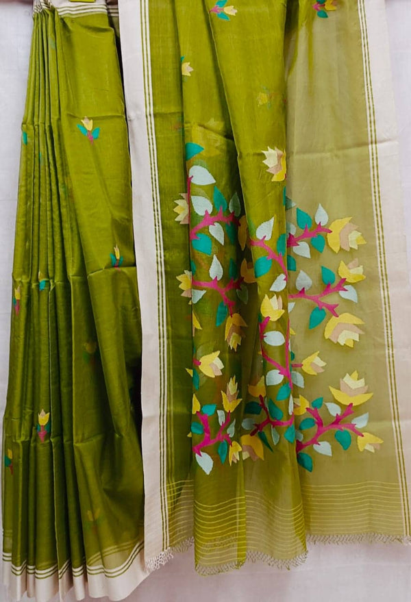 Olive Green  Handloom Muslin Silk Jamdani Saree Balaram Saha