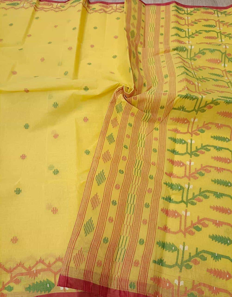 Yellow & Multi Colour starched Cotton traditional design handwoven Jamdani saree Balaram Saha
