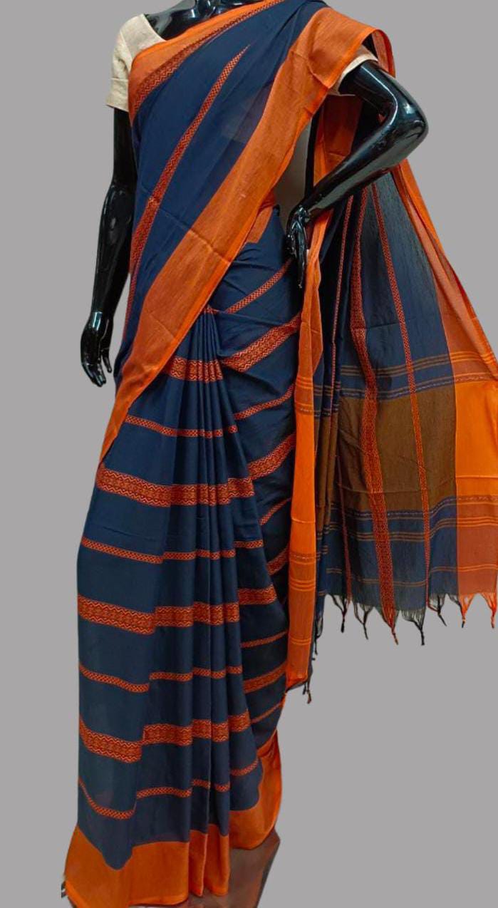 Navy Blue & Orange soft cotton traditional Dhonekali Saree Balaram Saha